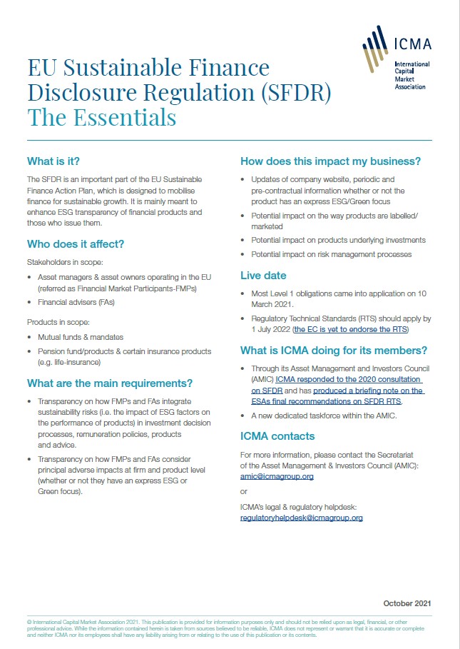 ICMA fact sheet - EU Sustainable Finance Disclosure Regulation - SFDR The Essent